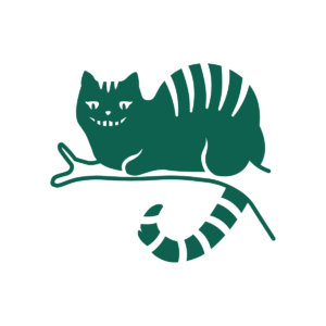 A green illustration of the Cheshire Cat sitting on a branch and grinning