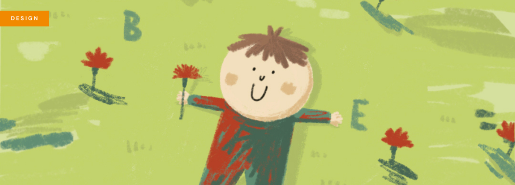 Illustration of a small child holding a red flower in a field full of capital letters, byJoana Jesus from Mauro Spagnol at Books Everywhere.png