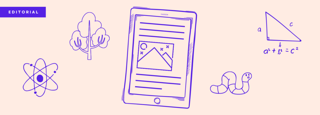 A line drawing of a digital reading device showing both text and images on screen. Surrounding the reader are images of an atom, a tree, a worm and a triangle maths problem.