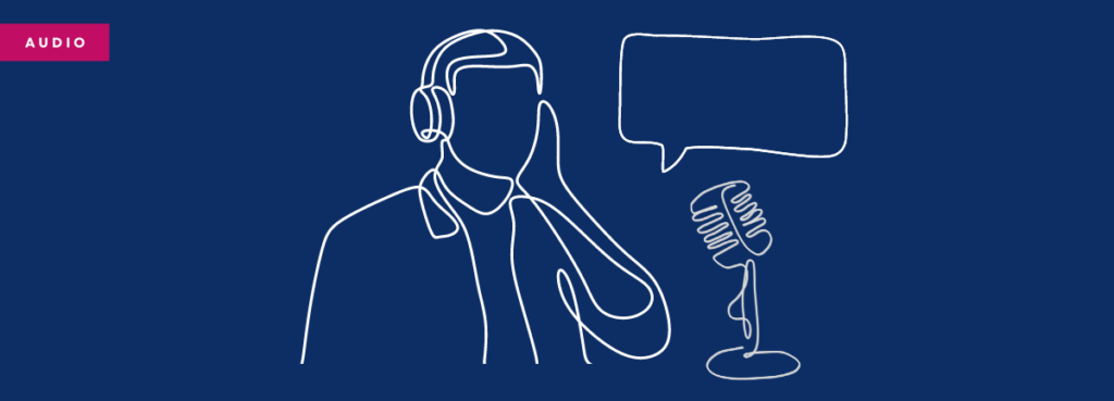 A white line drawing of a person wearing headphones and speaking into a microphone