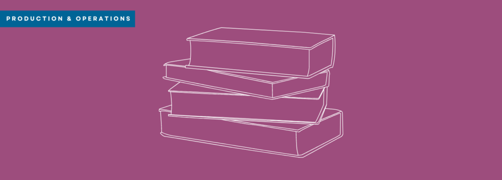 A purple background with a line illustration of a stack of four novels on their side. In the left corner there is a blue tag reading "Production & Operations"