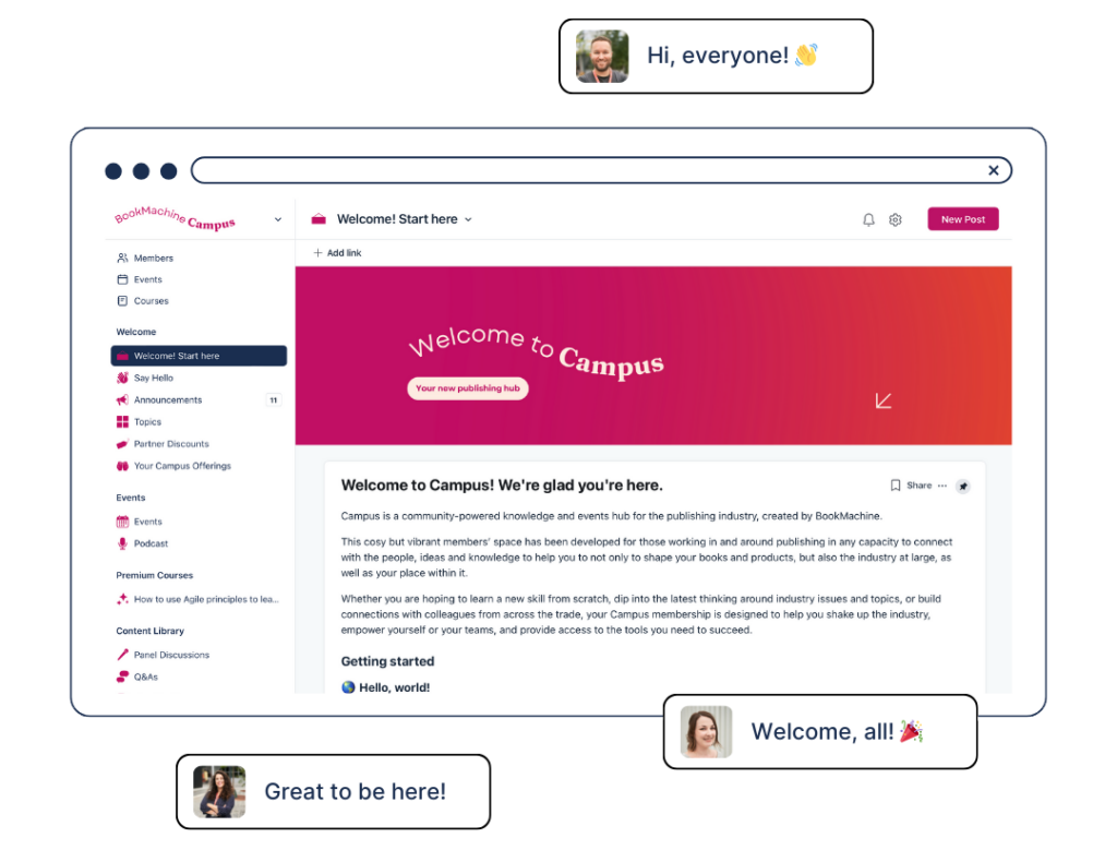 A dynamic mockup of the Campus platform landing page, showcasing a vibrant welcome page with a bright pink banner. Floating around it, welcome messages from BookMachine team can be seen.