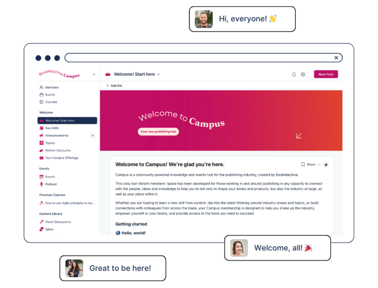 A dynamic mockup of the Campus platform landing page, showcasing a vibrant welcome page with a bright pink banner. Floating around it, welcome messages from BookMachine team can be seen.